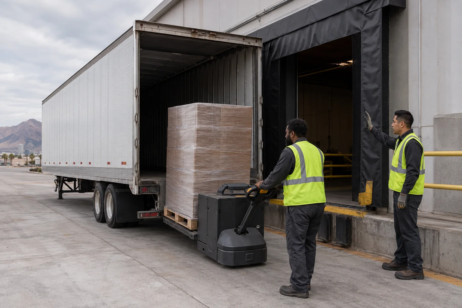 Two warehouse workers coordinating one pallet beside a loading dock