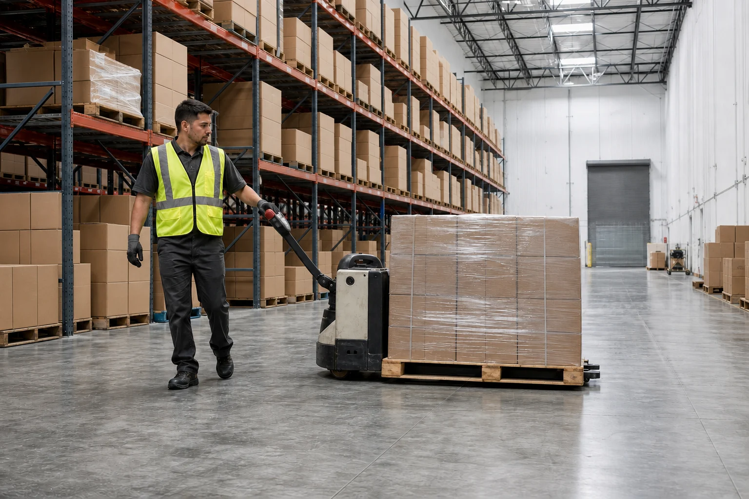 Warehouse worker guiding an electric pallet jack with one wrapped pallet