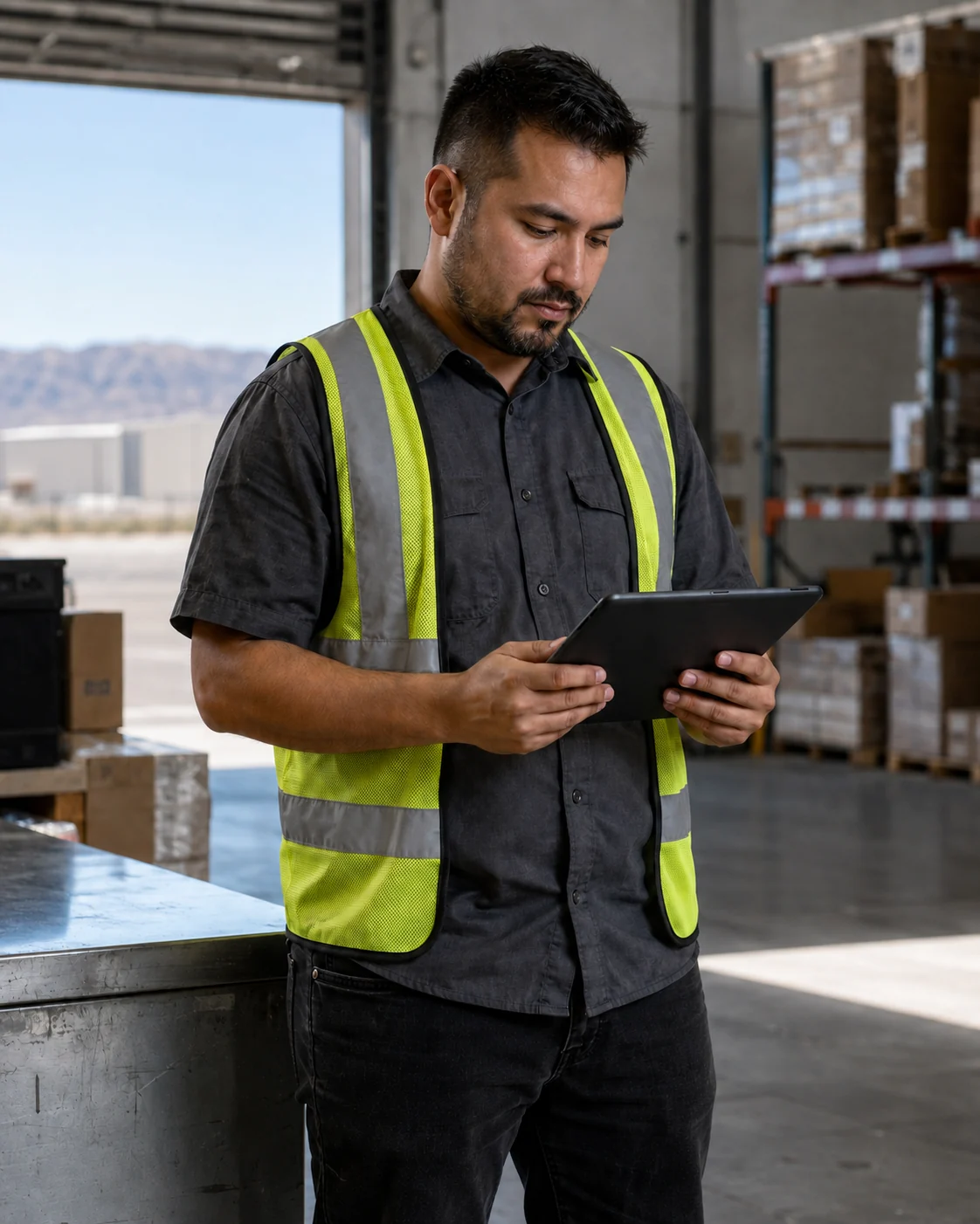 Warehouse logistics worker reviewing a plain tablet at a workstation